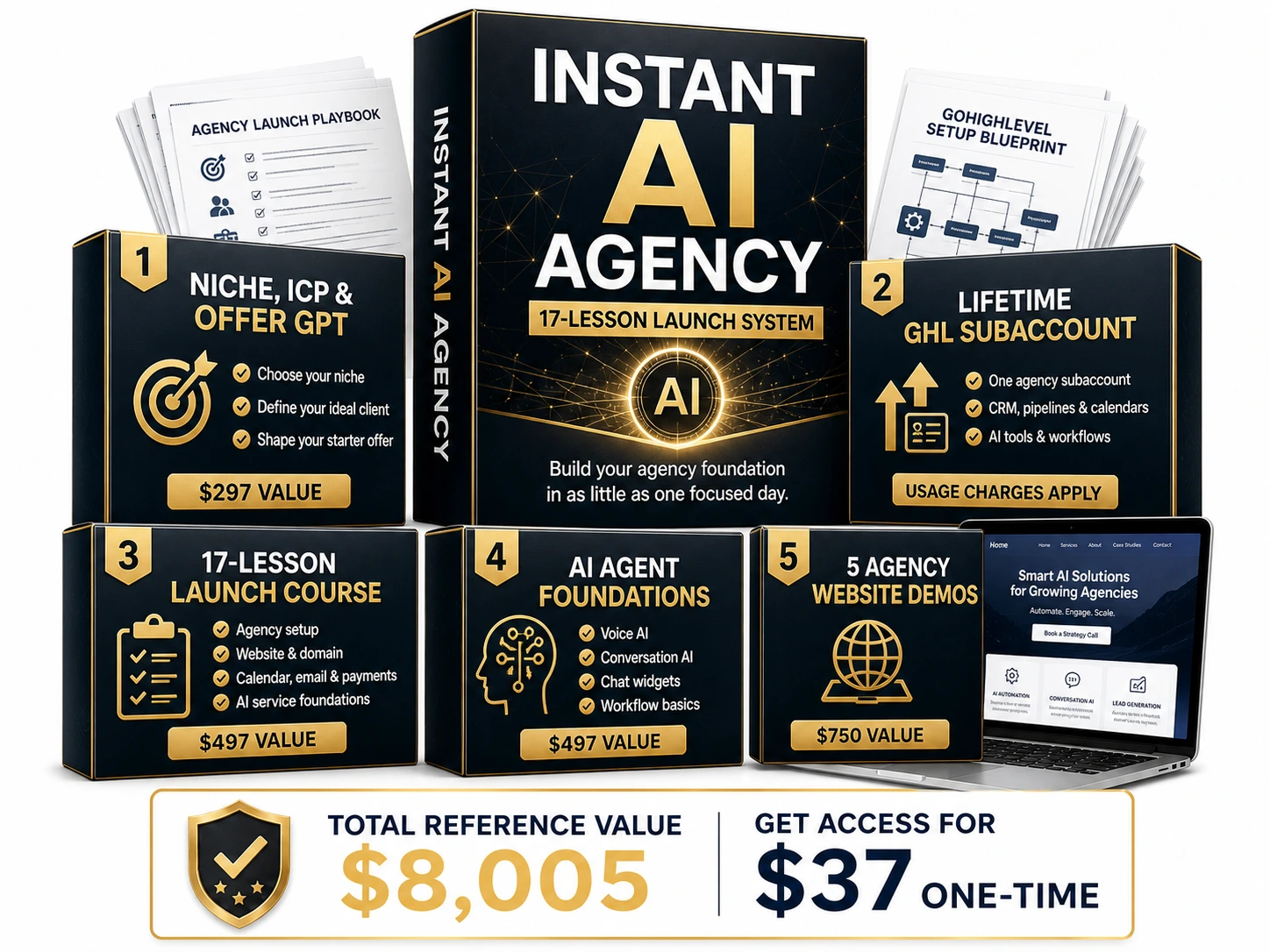 Instant AI Agency 17-lesson launch course, lifetime GHL subaccount, offer GPT, AI agent foundations, and agency website demos